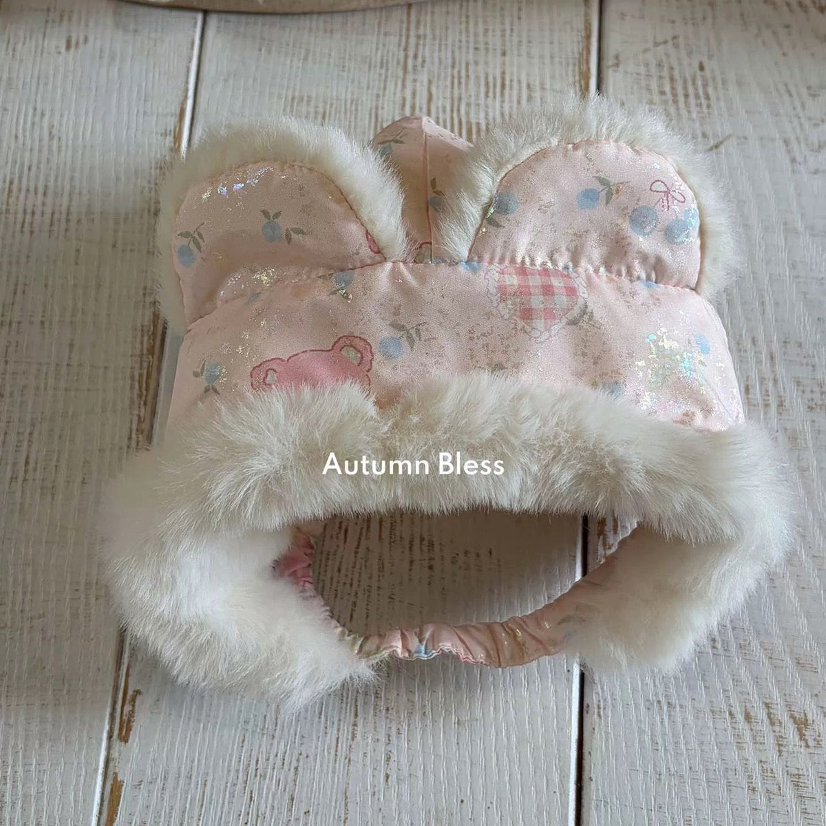 Autumn Bless ふわもこ冬あったか帽子 – テディ柄／キルティングブルー | Furry Cozy Winter Hat – Teddy Print / Quilted Blue