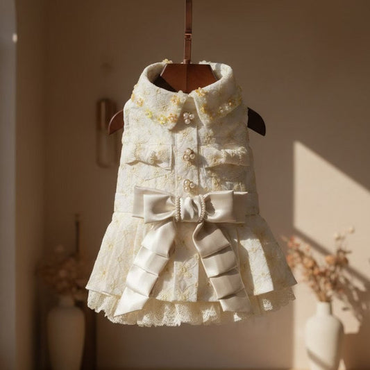 Elsamilu Elegant Tweed Pet Dress with Pearl Bow – Classic Winter Outfit for Small Dogs & Cats