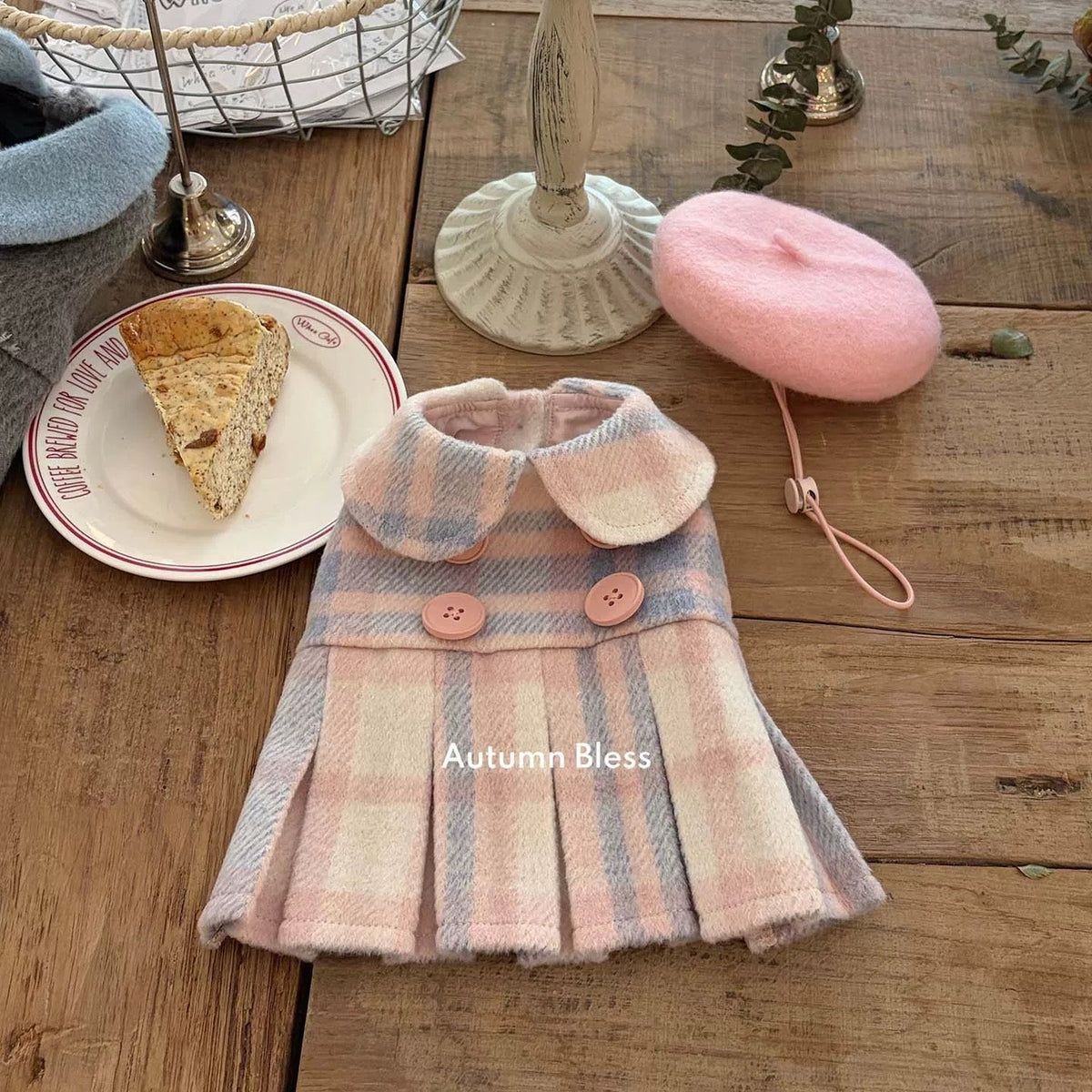 Autumn Bless フレンチウールチェックワンピース＆ベレー帽セット | French Wool Plaid Dress & Beret Set
