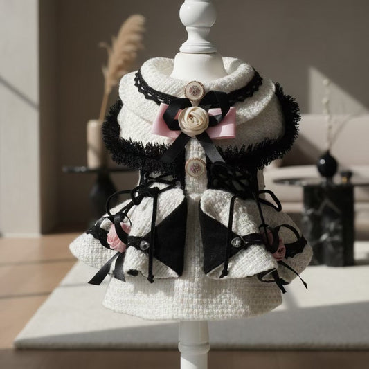 Elsamilu Fairy Rose Motif Tweed Pet Dress – Elegant Winter Outfit for Small Dogs & Cats