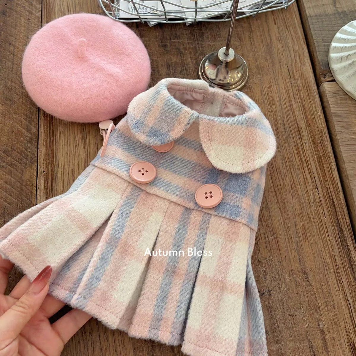 Autumn Bless フレンチウールチェックワンピース＆ベレー帽セット | French Wool Plaid Dress & Beret Set