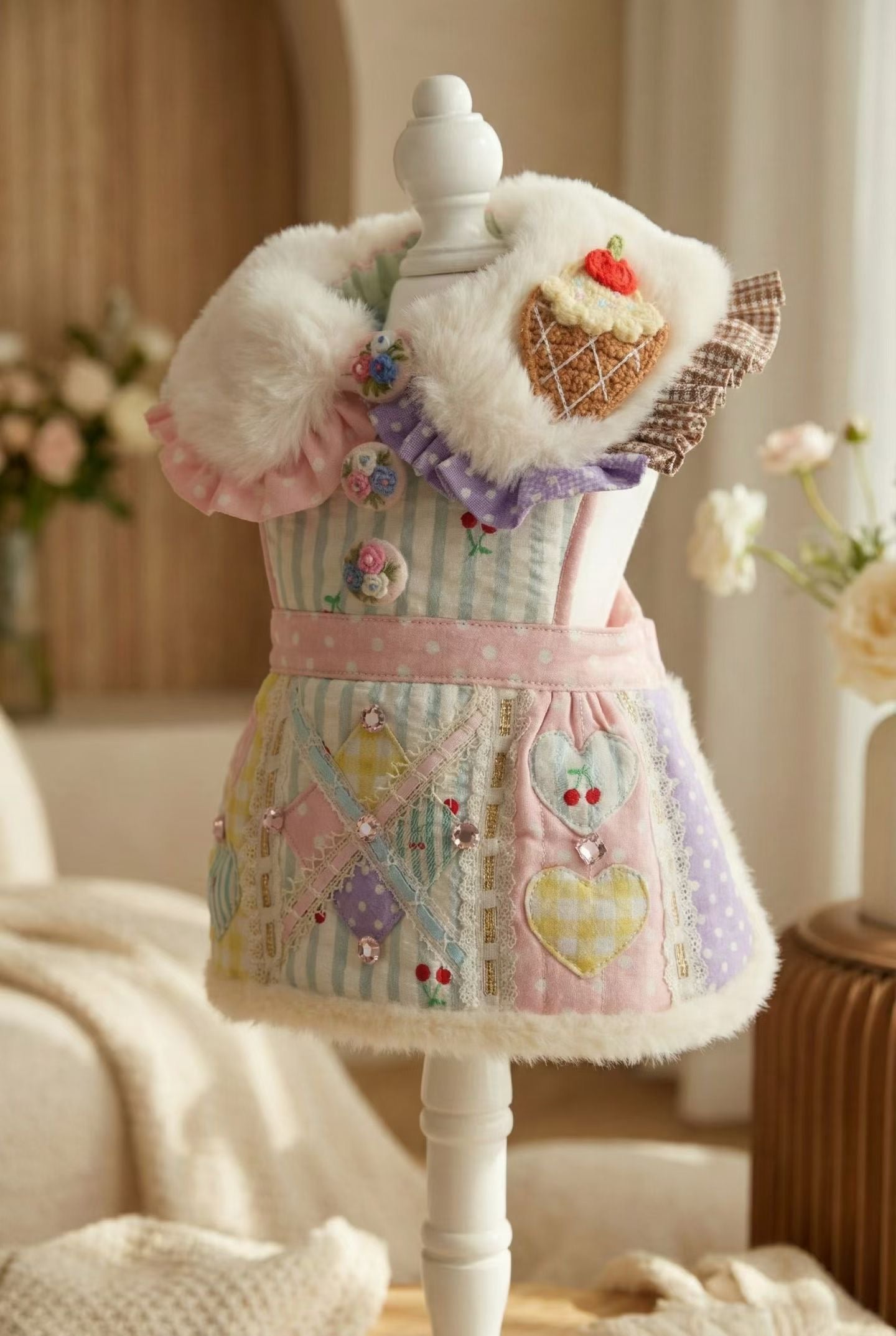 엘사밀루 동화 속 공주님 털 칼라 애완동물 드레스 - 소형견 및 고양이를 위한 우아한 겨울 의상 