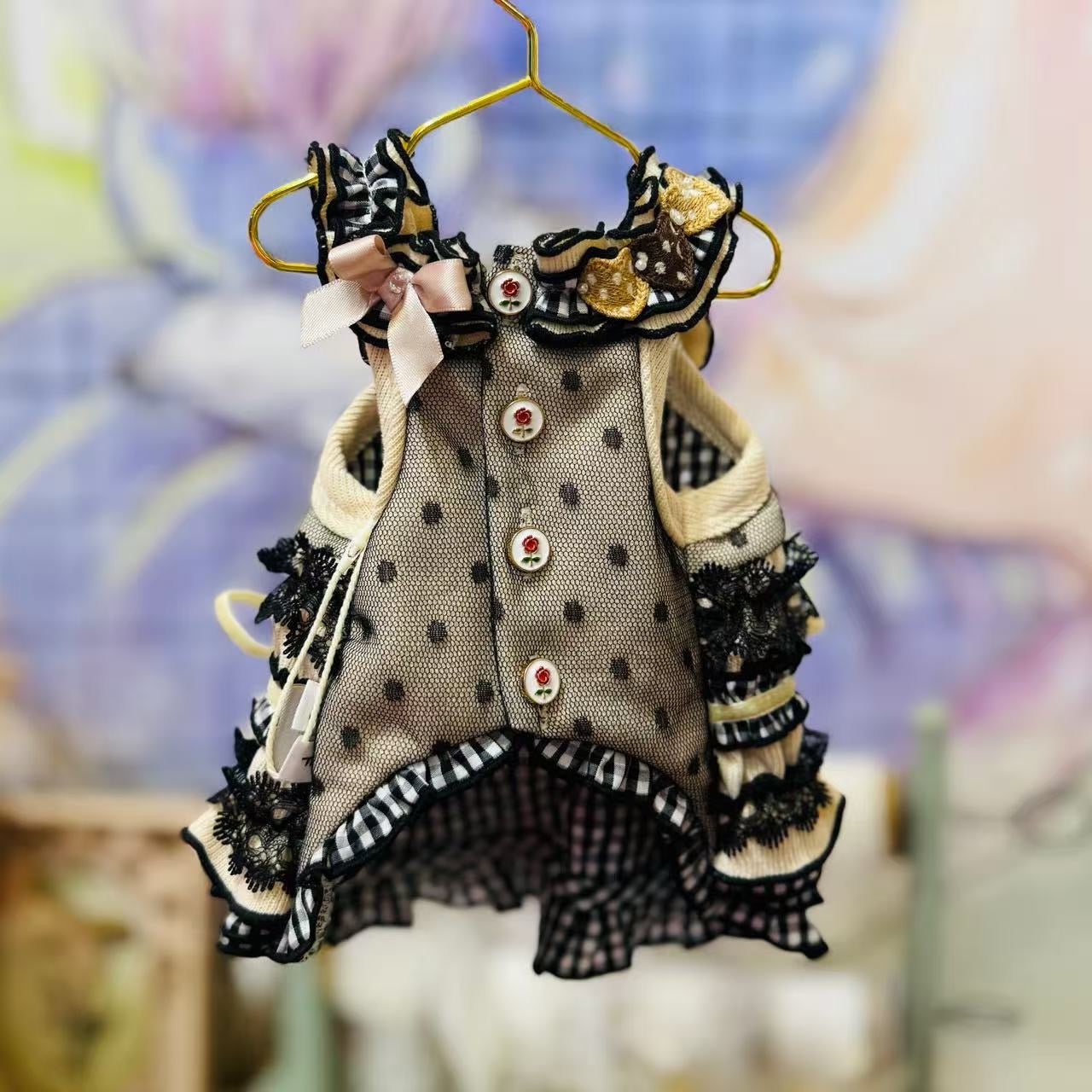 Elsamilu Mocha Black Ruffle Pet Dress – Heart & Cherry Design Outfit for Small Dogs & Cats