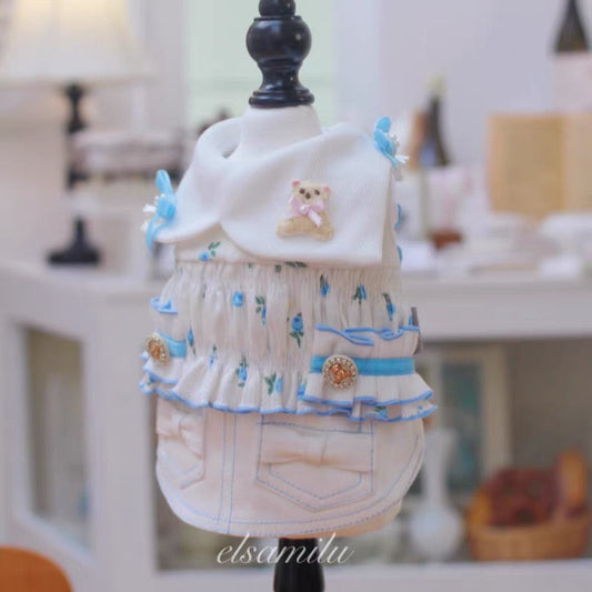 Elsamilu Twinkle Bear Pet Dress – Blue Cute Outfit for Small Dogs & Cats