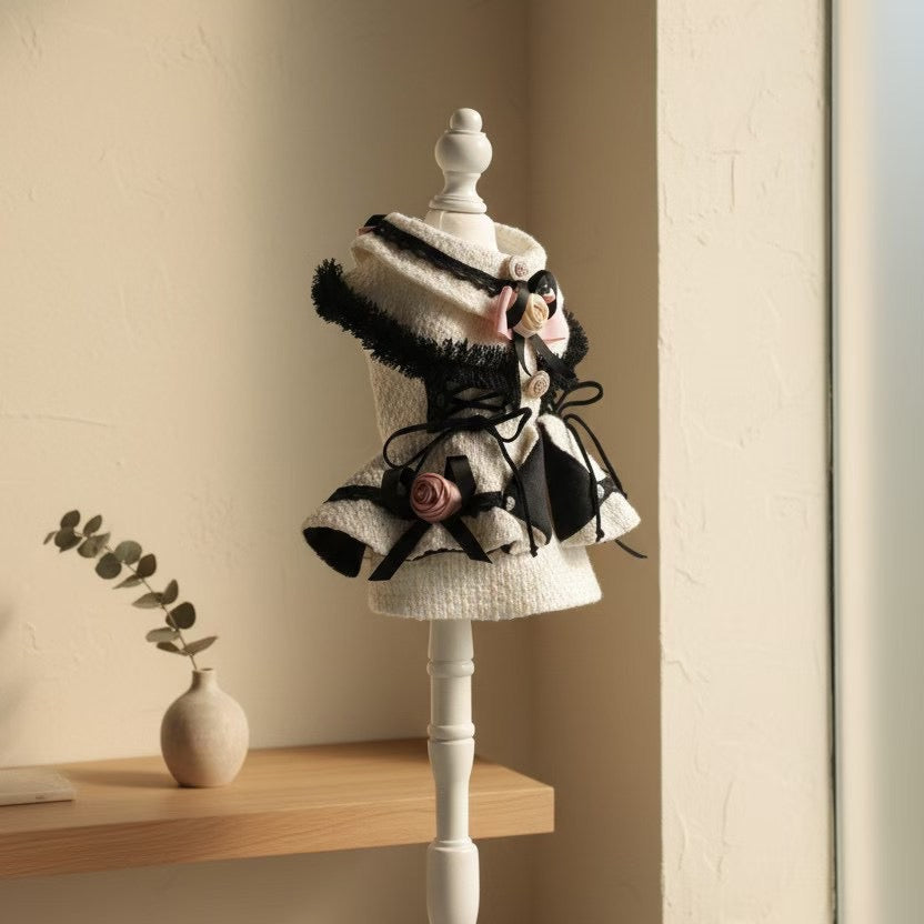 Elsamilu Fairy Rose Motif Tweed Pet Dress – Elegant Winter Outfit for Small Dogs & Cats