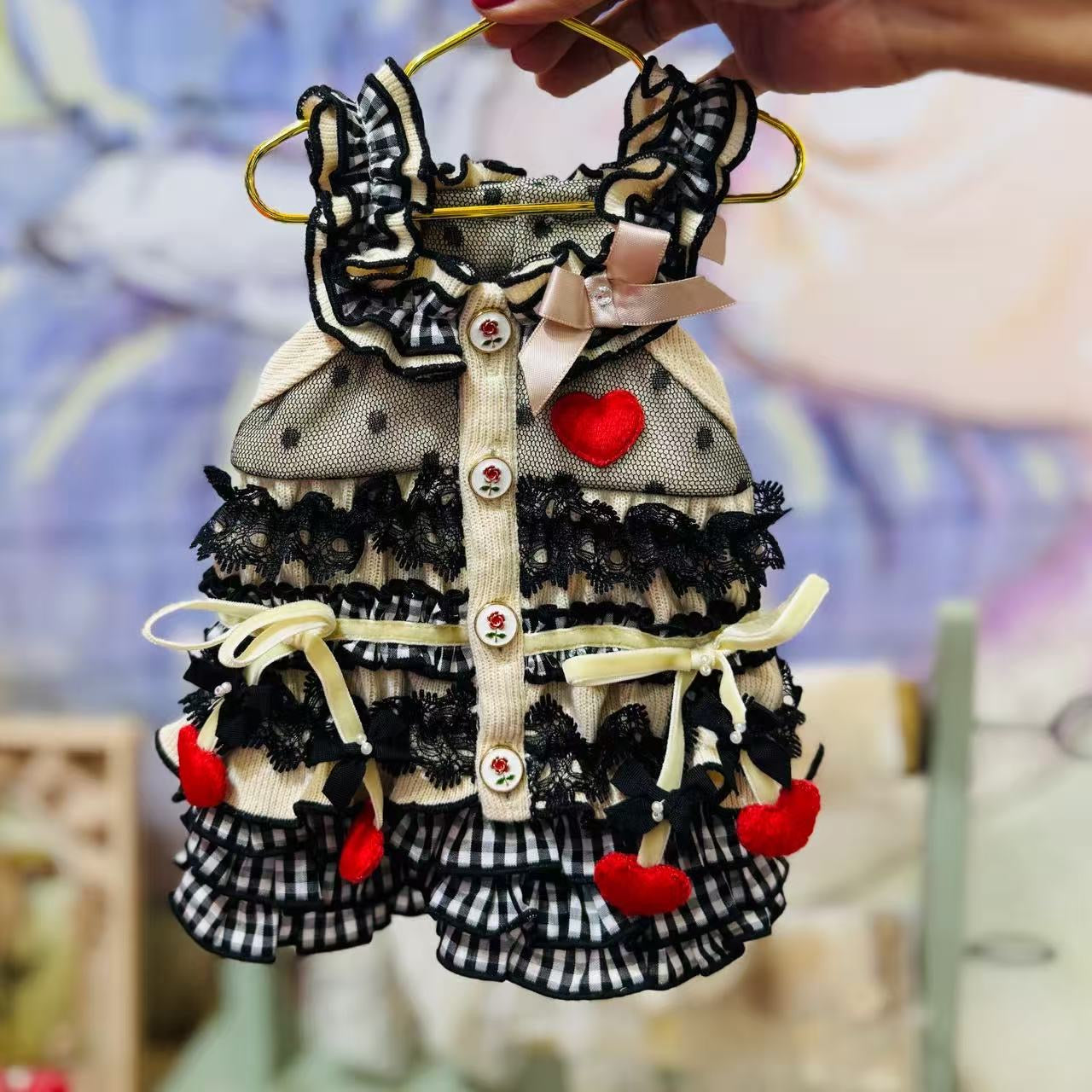 Elsamilu Mocha Black Ruffle Pet Dress – Heart & Cherry Design Outfit for Small Dogs & Cats