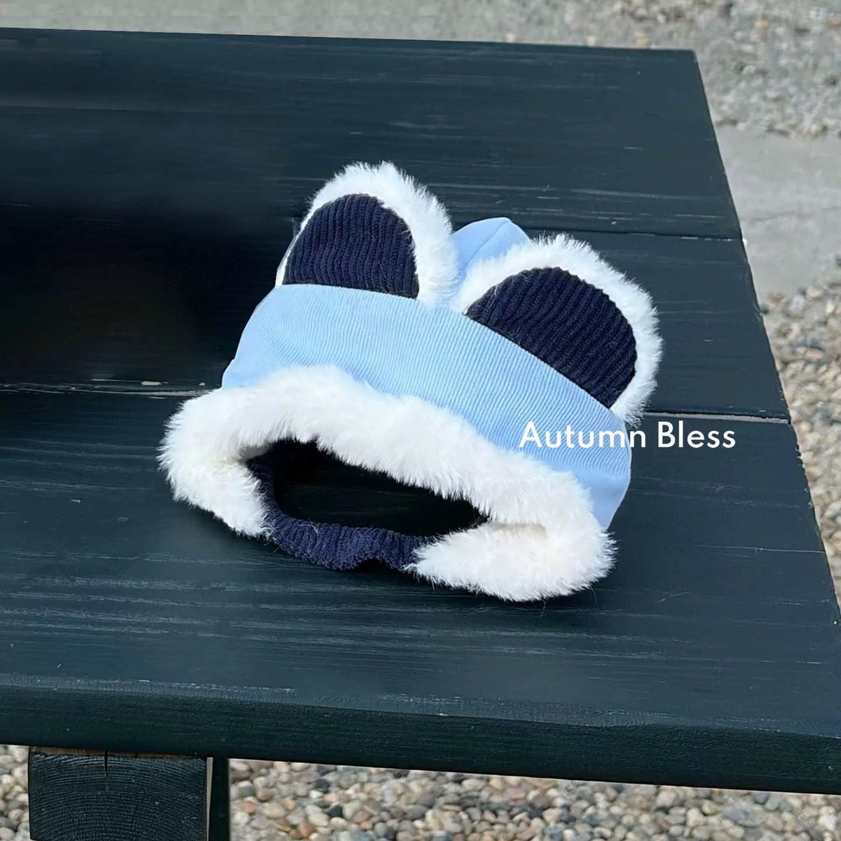 Autumn Bless ふわもこ冬あったか帽子 – テディ柄／キルティングブルー | Furry Cozy Winter Hat – Teddy Print / Quilted Blue