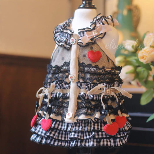 Elsamilu Mocha Black Ruffle Pet Dress – Heart & Cherry Design Outfit for Small Dogs & Cats