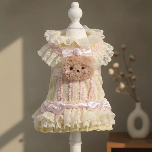 Elsamilu Lovely Bear Pastel Pet Dress – Yellow Cute Outfit for Small Dogs & Cats