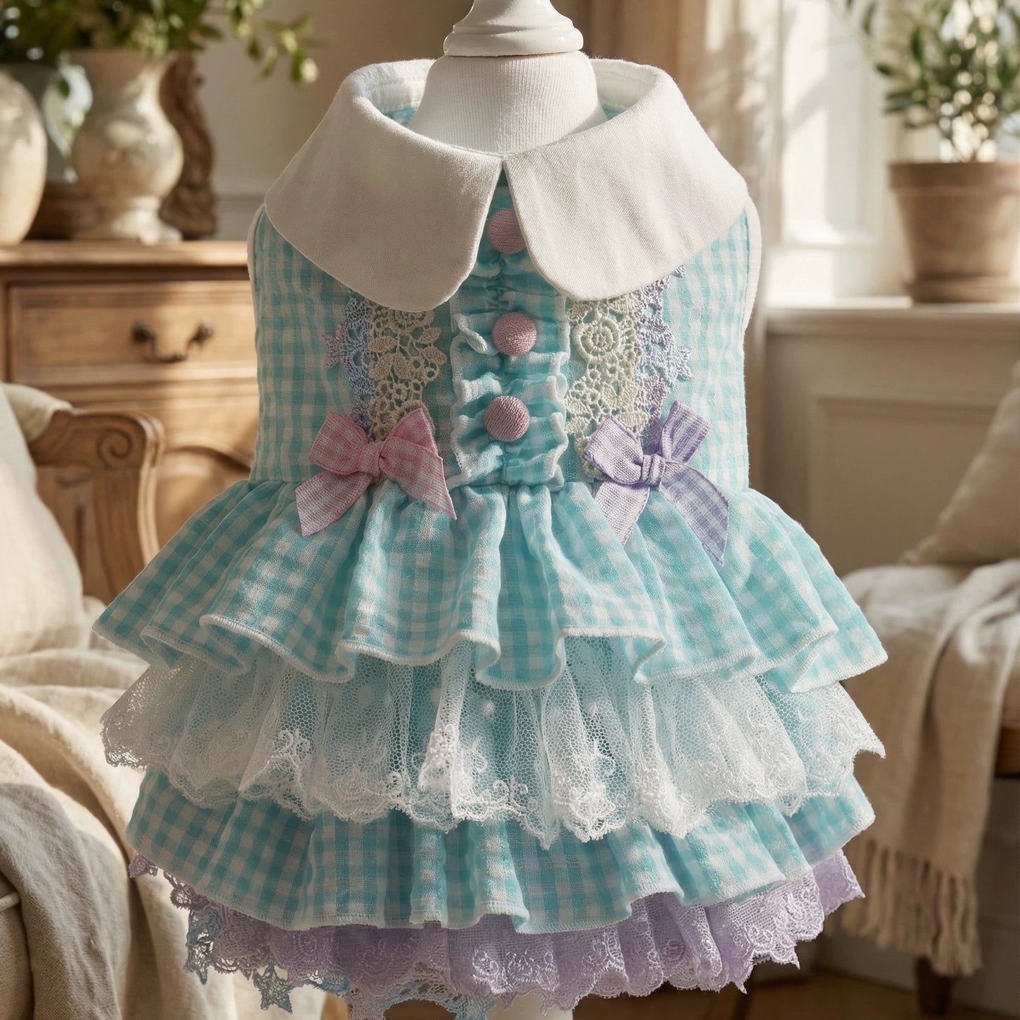 Elsamilu Blue Gingham Lace Princess Dress