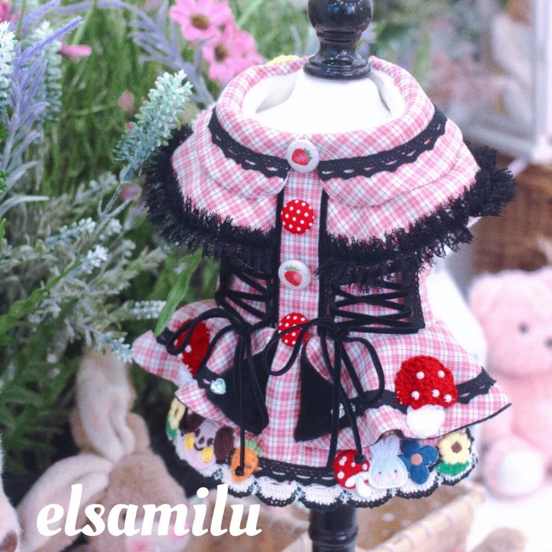 Elsamilu Fairy Tale Pink Check Plaid Pet Coat Dress – Winter Outfit for Small Dogs & Cats
