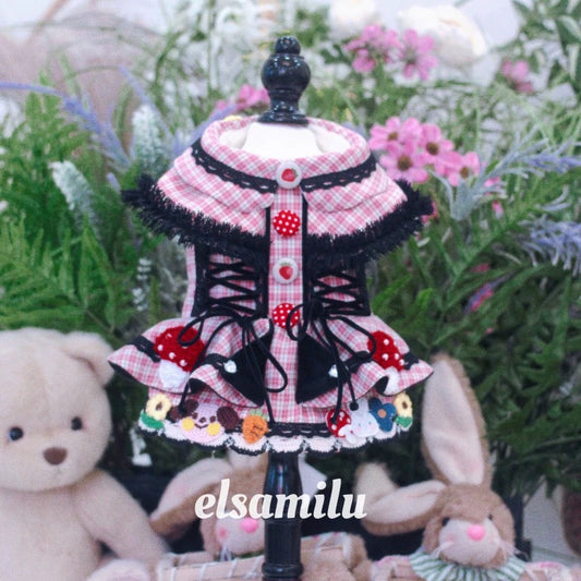 Elsamilu Fairy Tale Pink Check Plaid Pet Coat Dress – Winter Outfit for Small Dogs & Cats