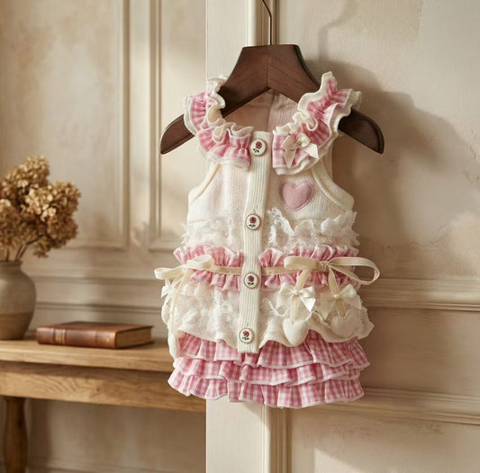 Elsamilu White & Pink Ruffle Pet Dress – Heart & Bow Design Outfit for Small Dogs & Cats