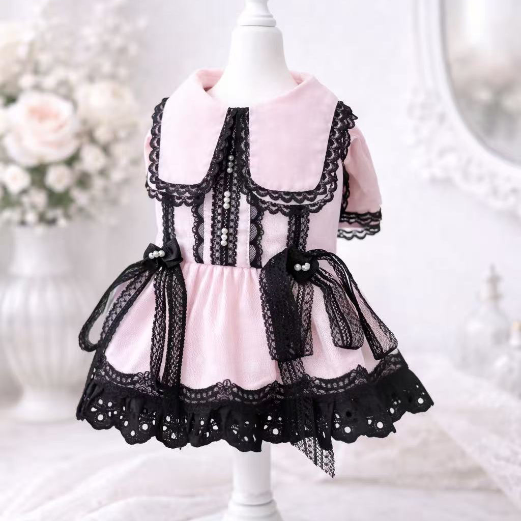 Elsamilu Gothic Romance Long Sleeve Pet Dress – Pink & Blue Lace Outfit for Small Dogs & Cats
