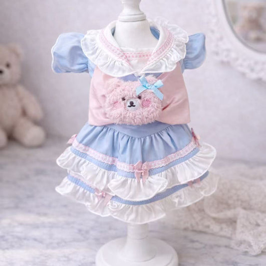 Elsamilu Girly Sailor Ribbon Pet Dress – Cute Outfit with Plush Bow for Small Dogs & Cats