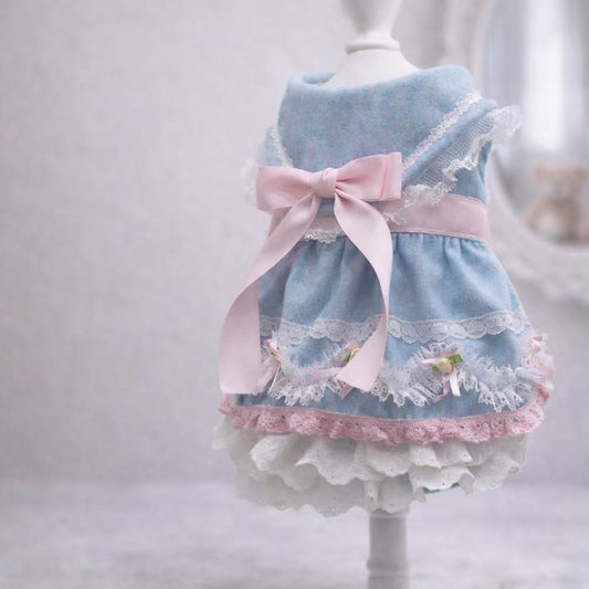 Elsamilu Romantic Blue Lace Bow Pet Dress – Elegant Outfit for Small Dogs & Cats