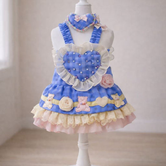Elsamilu Lovely Heart Romantic Pet Dress Set – Blue Lace Outfit with Necklace for Small Dogs & Cats