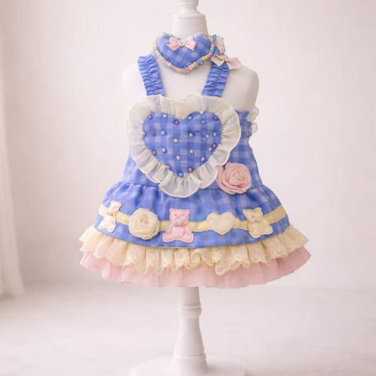 Elsamilu Lovely Heart Romantic Pet Dress Set – Blue Lace Outfit with Necklace for Small Dogs & Cats