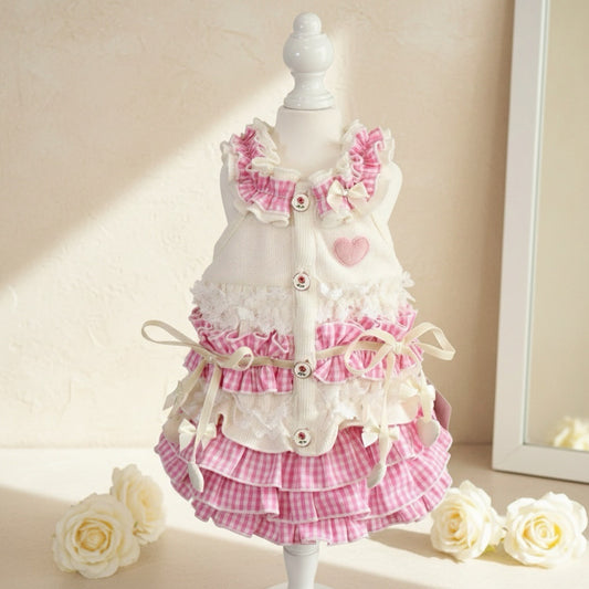 Elsamilu White & Pink Ruffle Pet Dress – Heart & Bow Design Outfit for Small Dogs & Cats