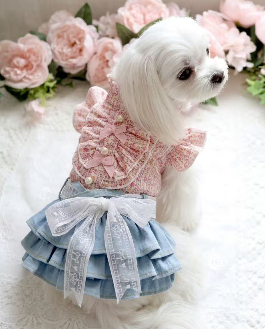 Elsamilu ピンク花柄ドッキングデニムワンピース｜小型犬・猫用ペット服