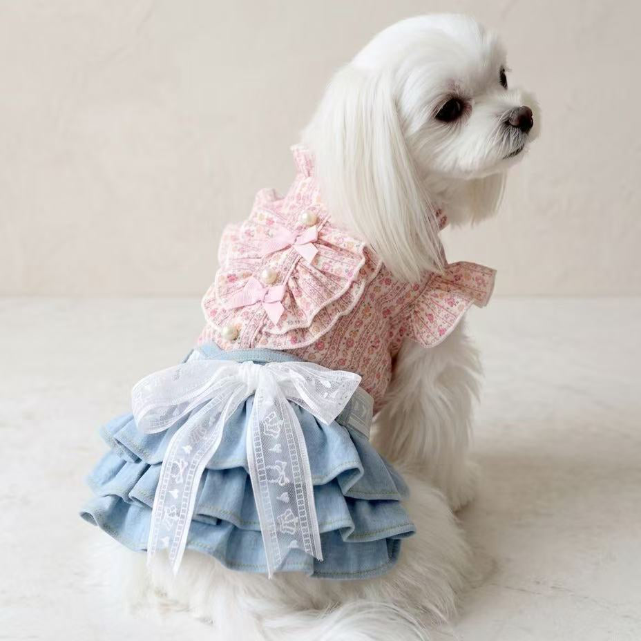 Elsamilu ピンク花柄ドッキングデニムワンピース｜小型犬・猫用ペット服