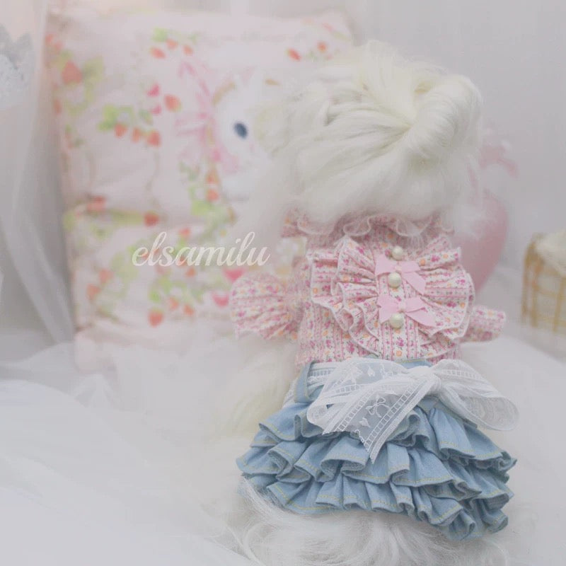 Elsamilu Pink Floral Docking Denim Pet Dress – Sweet Vintage Style Outfit for Small Dogs & Cats