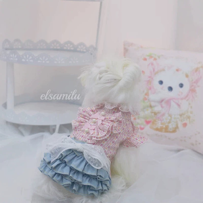 Elsamilu Pink Floral Docking Denim Pet Dress – Sweet Vintage Style Outfit for Small Dogs & Cats