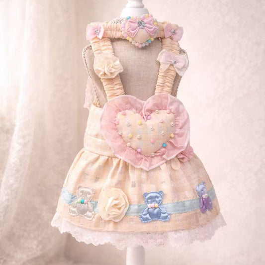 Elsamilu Lovely Heart Romantic Pet Dress Set – Beige Lace Outfit with Necklace for Small Dogs & Cats