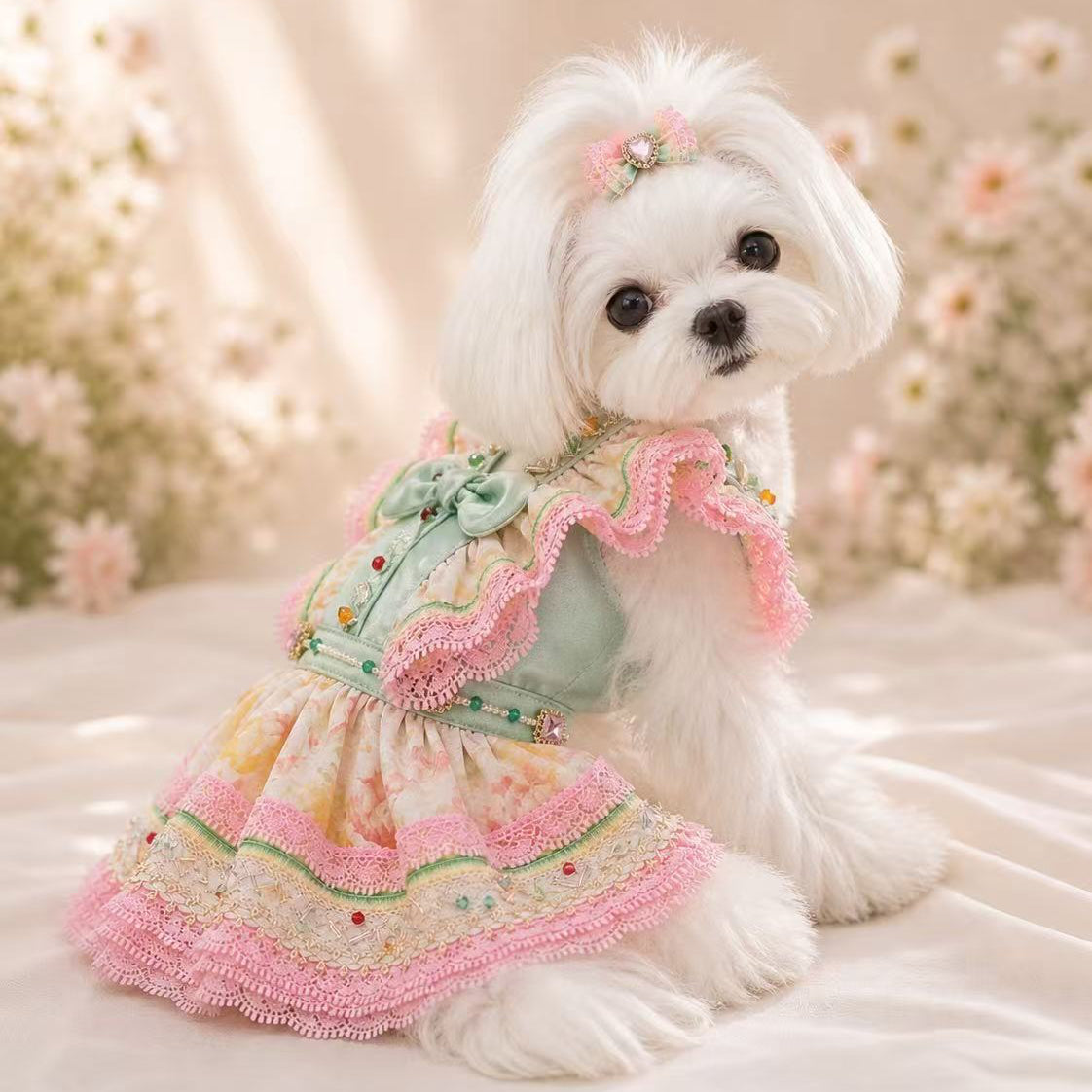 フラワーガーデンレースワンピース｜小型犬用ドレス〈ピンク×ミント