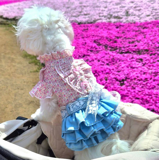 Elsamilu Pink Floral Docking Denim Pet Dress – Sweet Vintage Style Outfit for Small Dogs & Cats