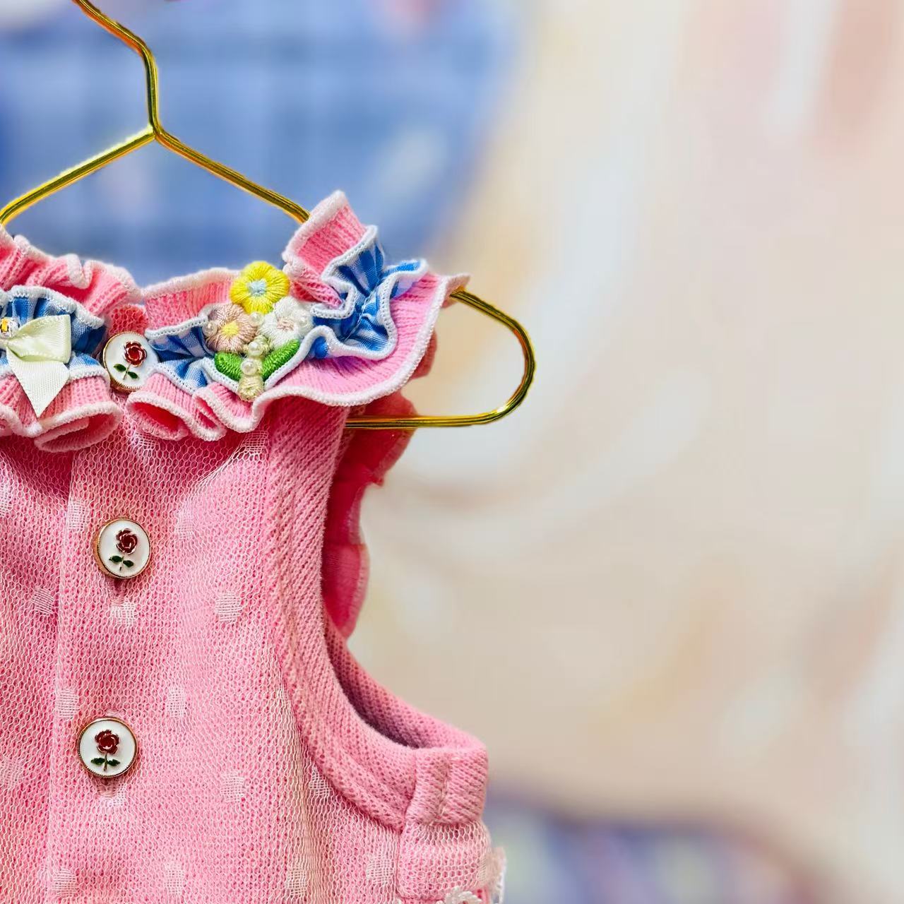 Elsamilu Elsamilu Pink & Blue Frill Heart Pet Dress – Lace & Bow Outfit for Small Dogs & Cats