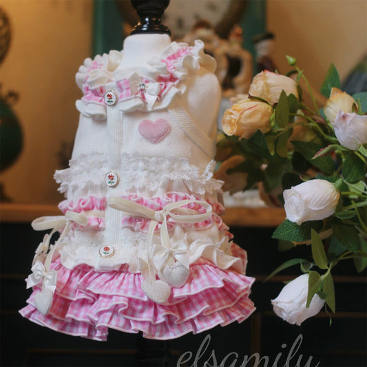Elsamilu White & Pink Ruffle Pet Dress – Heart & Bow Design Outfit for Small Dogs & Cats