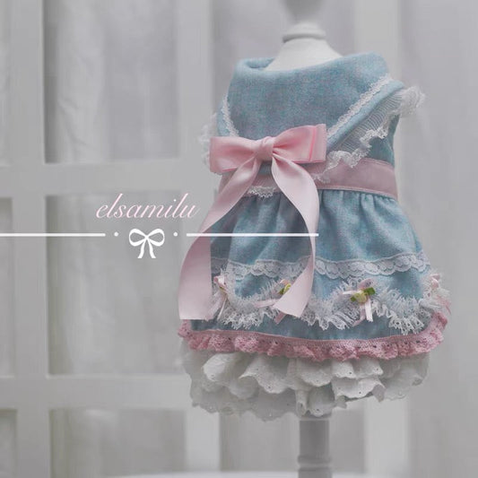Elsamilu Romantic Blue Lace Bow Pet Dress – Elegant Outfit for Small Dogs & Cats