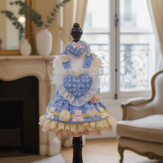 Elsamilu Lovely Heart Romantic Pet Dress Set – Blue Lace Outfit with Necklace for Small Dogs & Cats