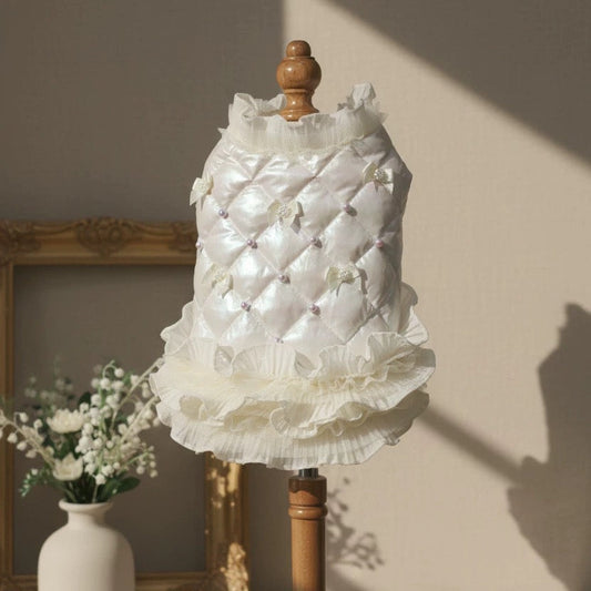 Elsamilu Pearl Bow Quilted Pet Dress – Elegant Winter Outfit for Small Dogs & Cats