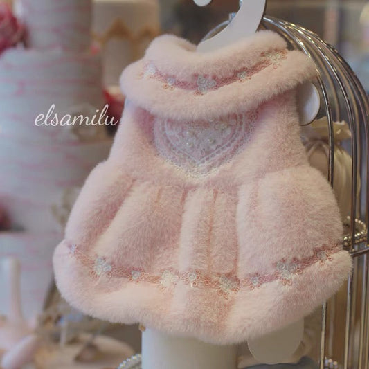 Elsamilu Romantic Pink Fur Pet Dress – Elegant Winter Outfit for Small Dogs & Cats