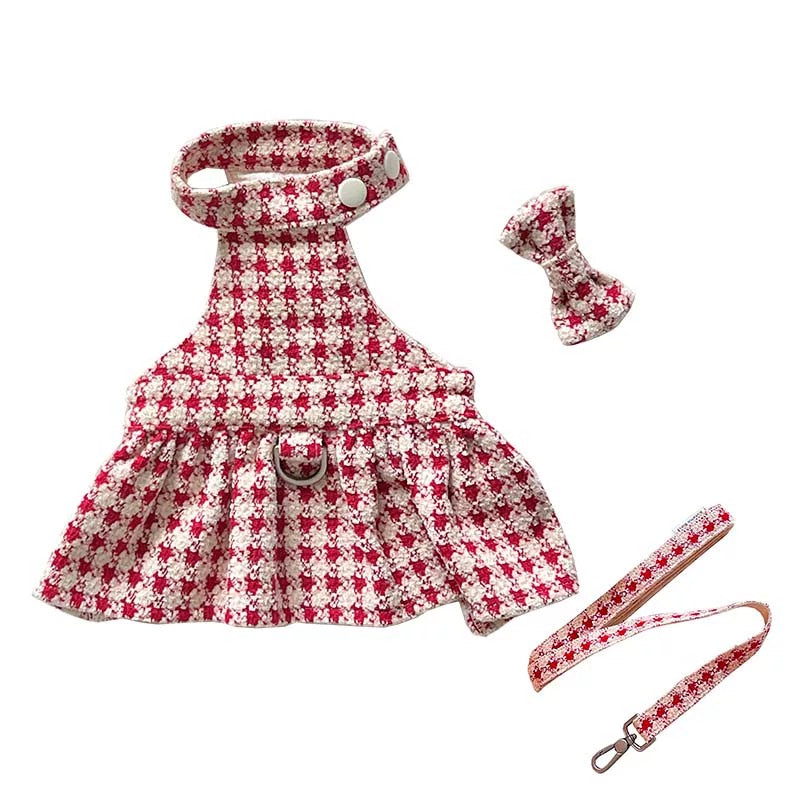 Autumn Bless クリスマス千鳥柄ふわもこハーネスワンピース（Dリング付き）| Christmas Houndstooth Fur Harness Dress – D-Ring Design