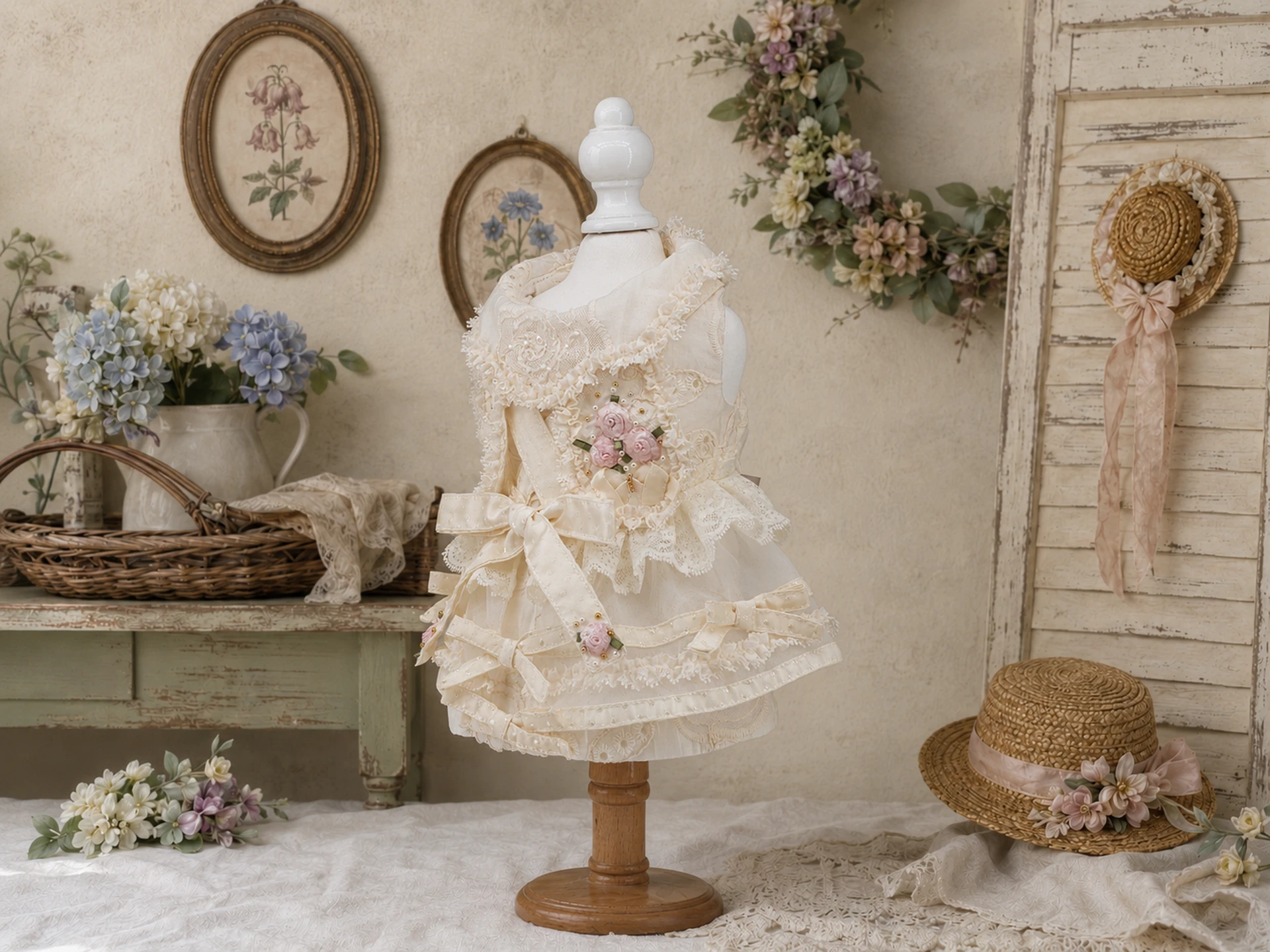 Angled view of the ivory rose pet dress and layered skirt