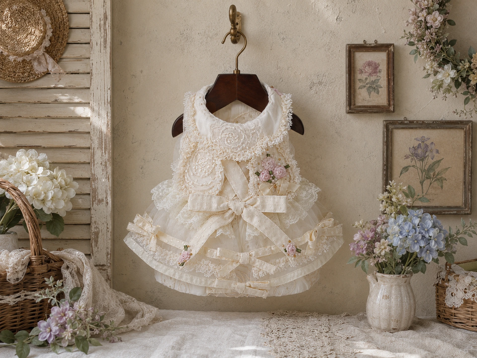Ivory lace pet dress with blush roses and ribbon bows hanging on a wall
