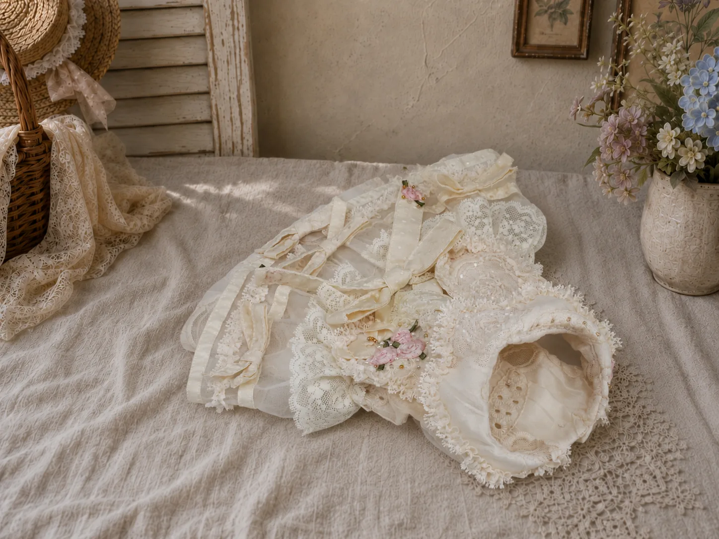 Ivory Rose Lace Pet Dress — No. 151 — Flat lay showing champagne ribbons
