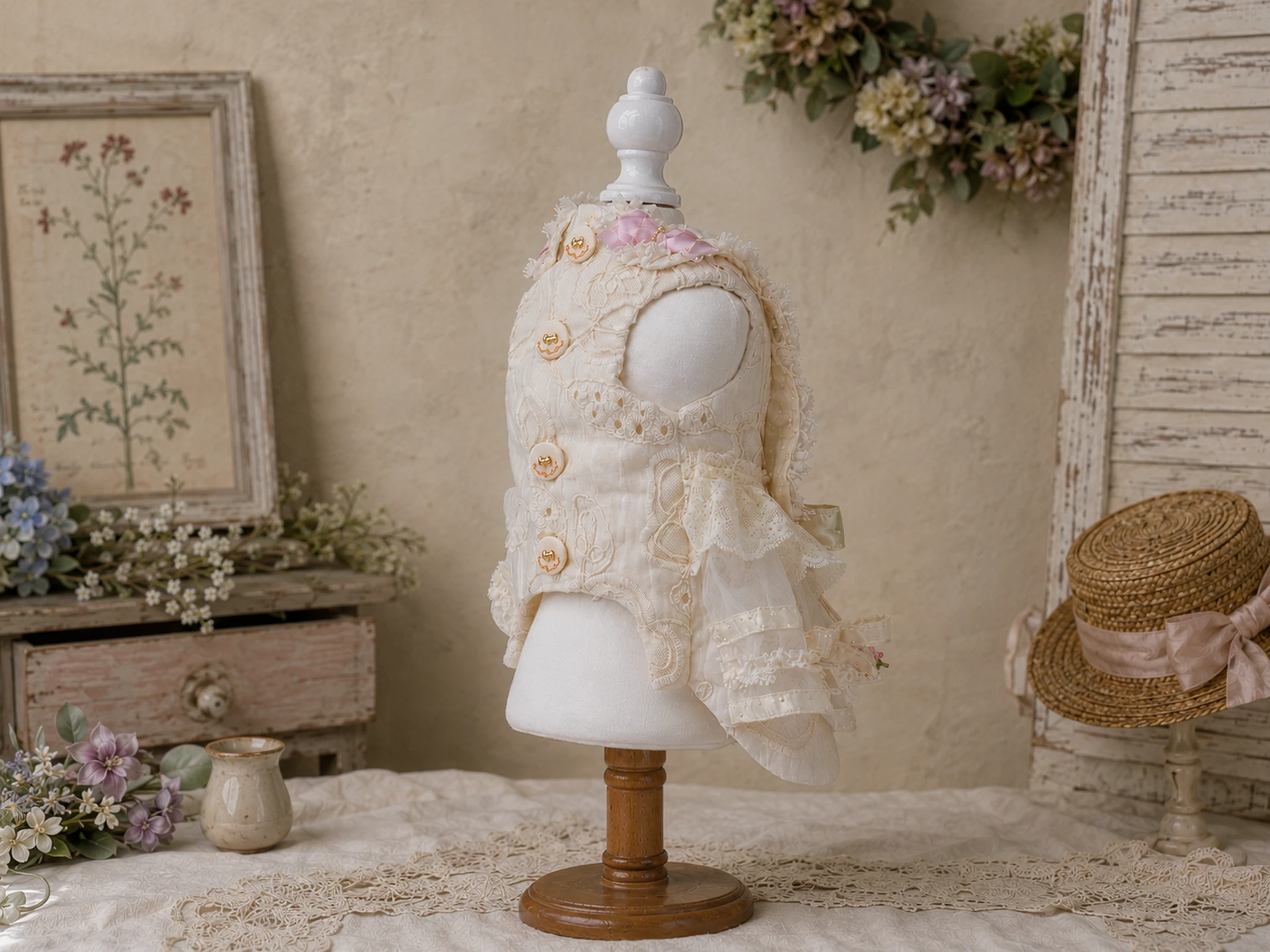 Ivory Rose Lace Pet Dress — No. 151 — Side fastening and lace detail