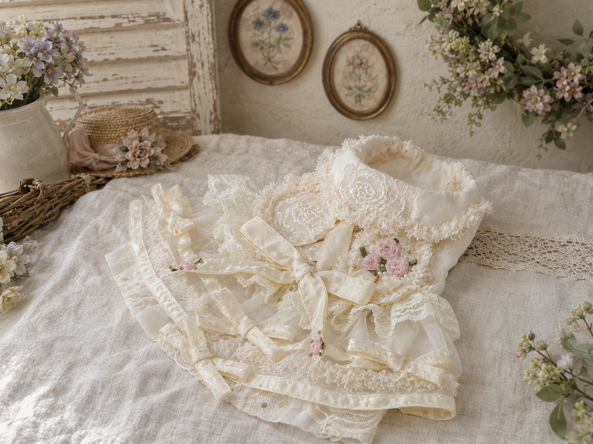 Ivory Rose Lace Pet Dress — No. 151 — Flat lay with rose and ribbon details