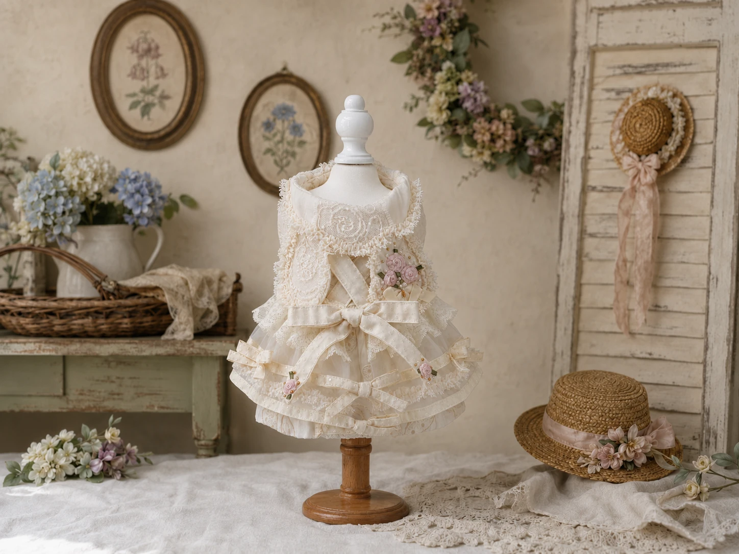 Ivory Rose Lace Pet Dress — No. 151 — Front view