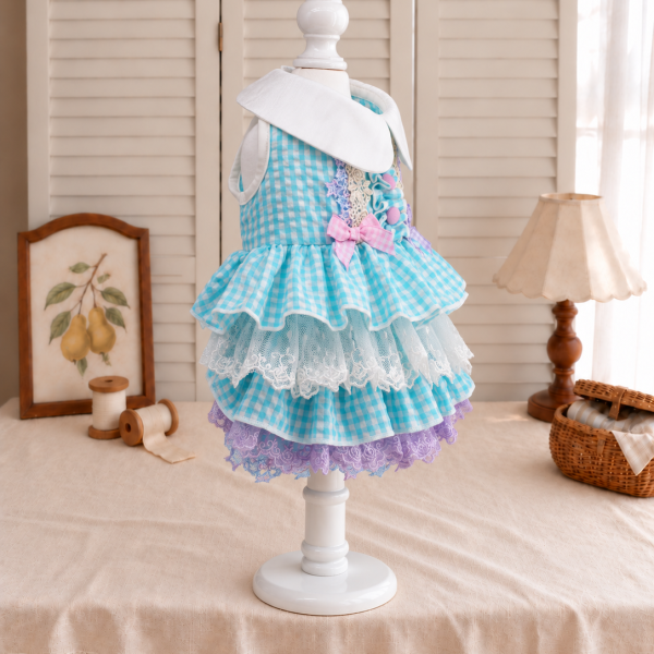 Aqua Gingham Ribbon Pet Dress — No. 54