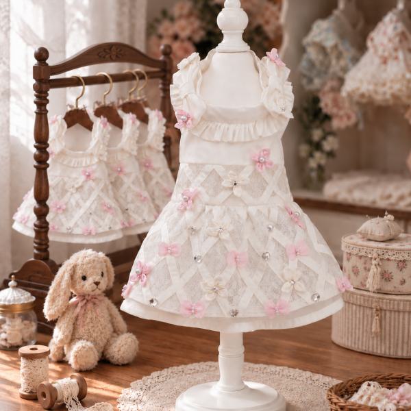 Ivory Ribbon Lattice Pet Dress — No. 147